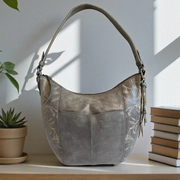 The Sak Gray Leather Handbag Floral Embossed Hobo Shoulder Bag - Picture 1 of 9